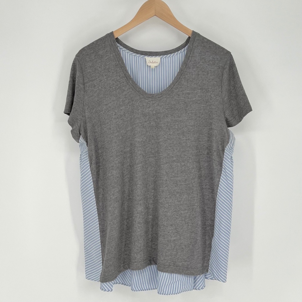 Deletta Womens Linen Blend Short Sleeve Top Size L Gray Blue Stripe Mixed Media - Picture 1 of 15